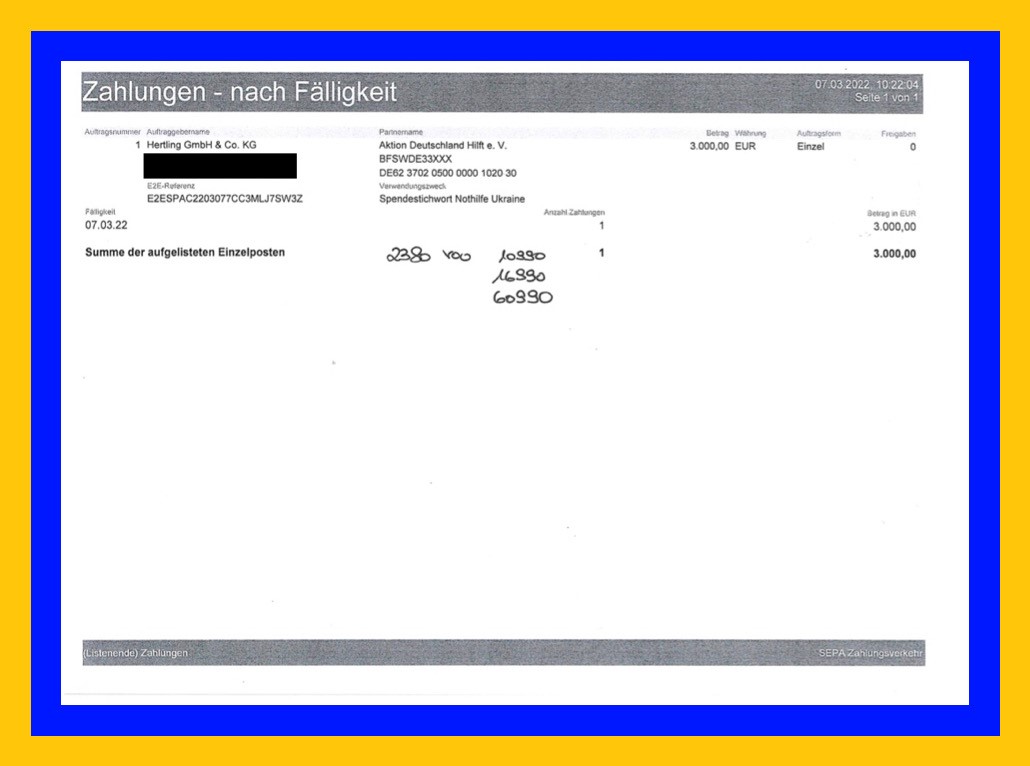 Screenshot of a bill showing a payment to support Ukraine