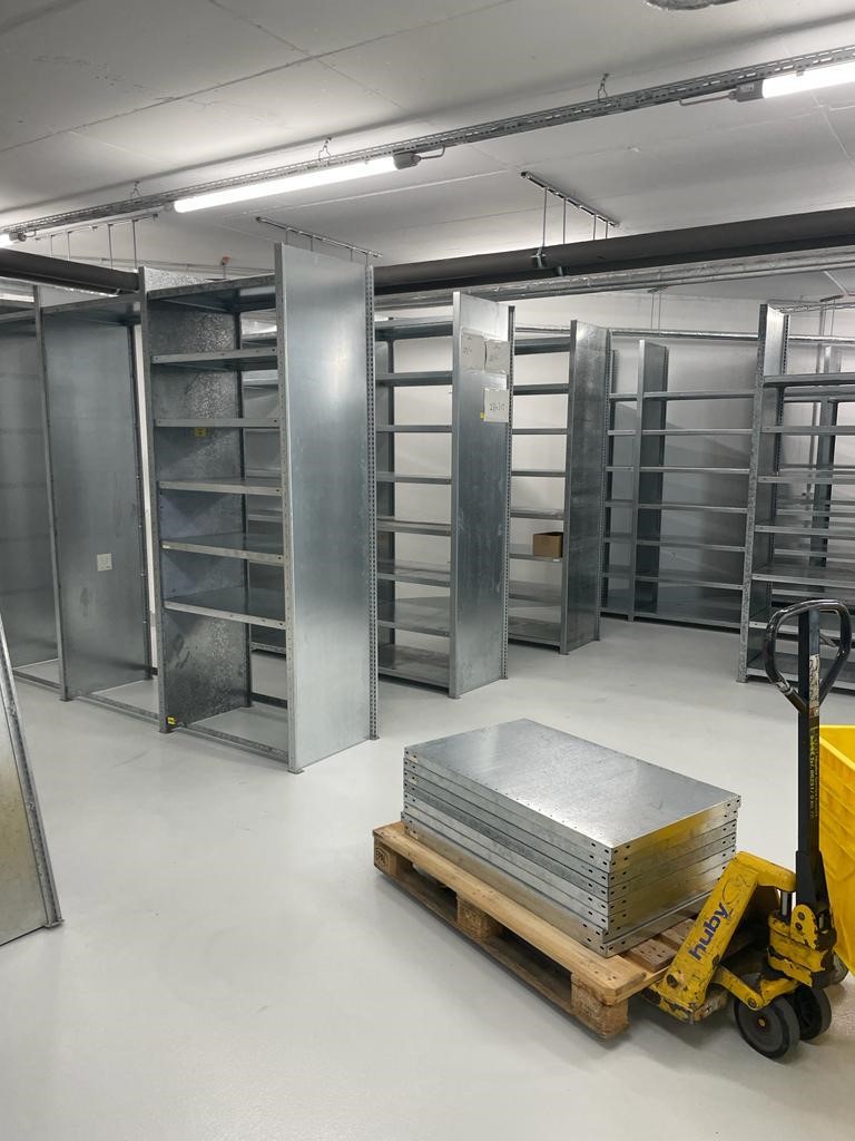 Basement with metal shelves